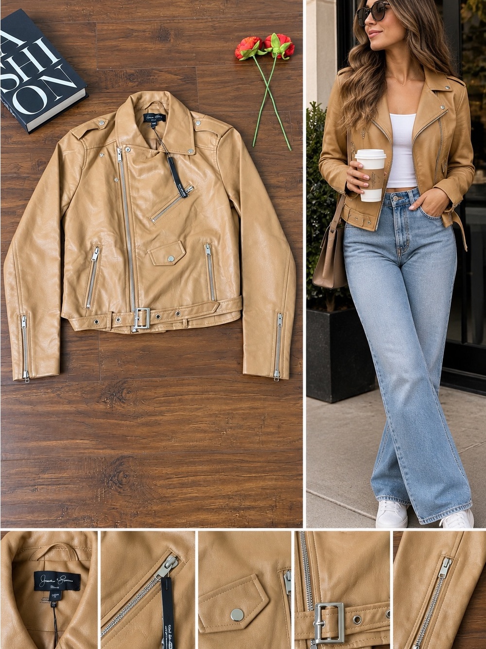 Love Tree Tan Leather Moto Jacket with Belted Waist